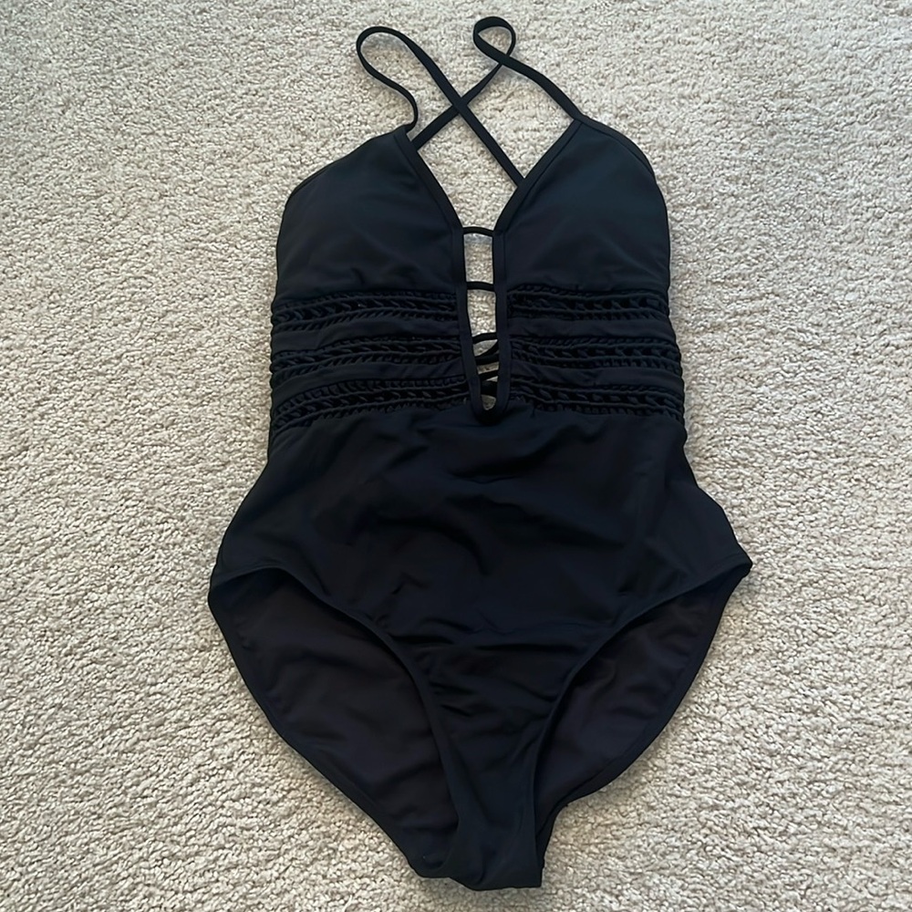Black one piece strappy swimsuit. Medium.